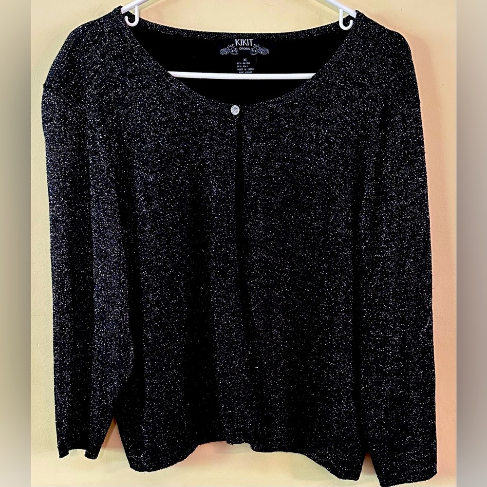 KIKIT size XL black with silver sparkles, 3/4 length sleeved, open front sweater